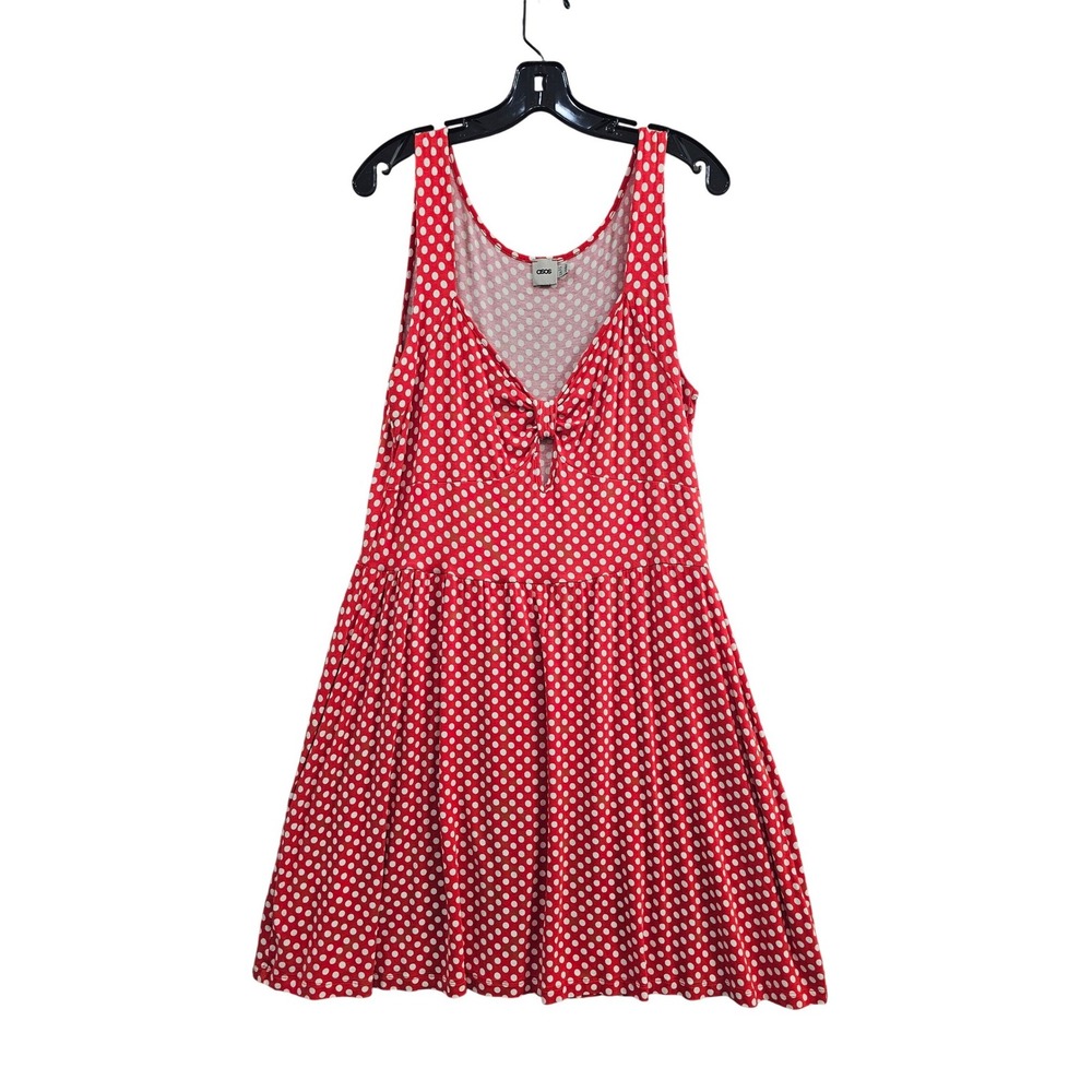 ASOS Polka Dot Dress Size 14 Red White Tie Front Cut Out Sleeveless Skater Mini